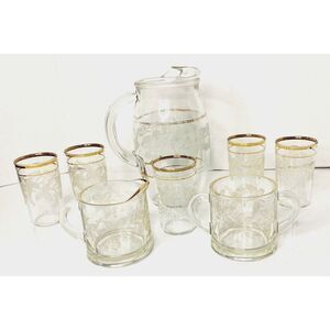 VINTAGE FRUIT EMBOSSED GOLD TRIM JUICE PITCHER AND GLASS SET